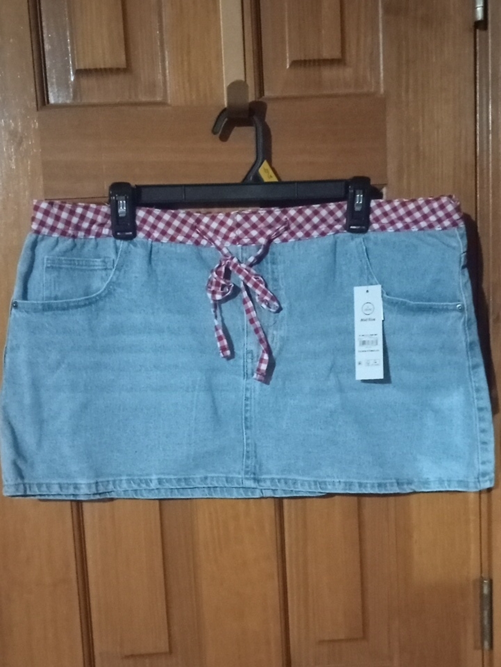 No Boundaries Light Blue Denim Mini Skirt with Red Gingham Waist